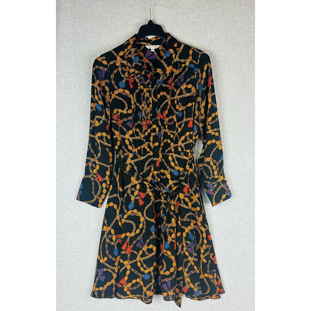 Nanette Lepore Womans Sz 14 Dress Black Pleated Chain Long Sleeve Button Front - Picture 4 of 12